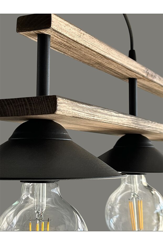 Retro Rustik Eskitme Ahşap 3'lü Siyah Sarkit Avize - 6