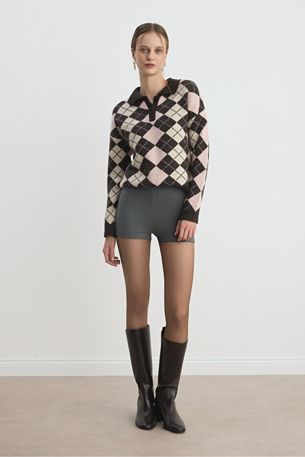 Gri Yüksek Bel Şort - 5