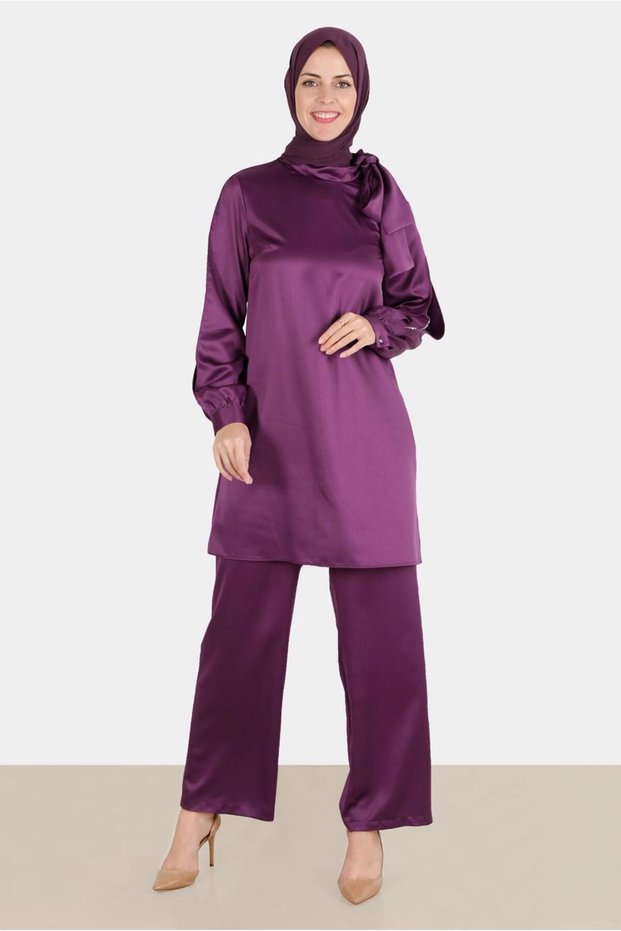 Satin Double Pants with Bow Detail and Stone Decoration. Team 30276