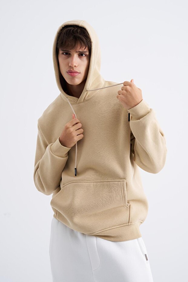 Erkek Oversize Basic Kapüşonlu Sweatshirt Bej - 2