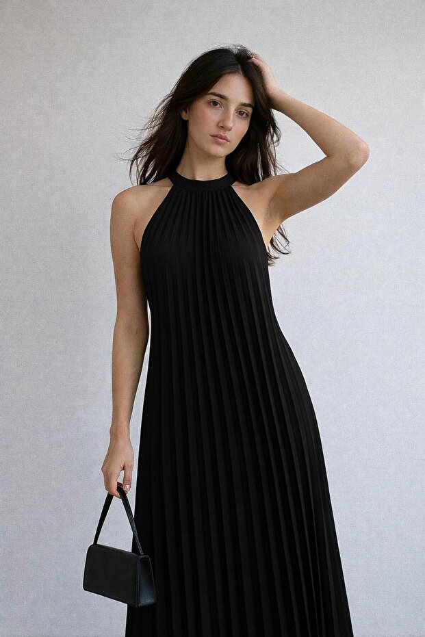 Pileli Siyah Elbise - 2