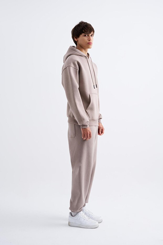 Erkek Oversize Basic Kapüşonlu Sweatshirt Açık Gri - 5