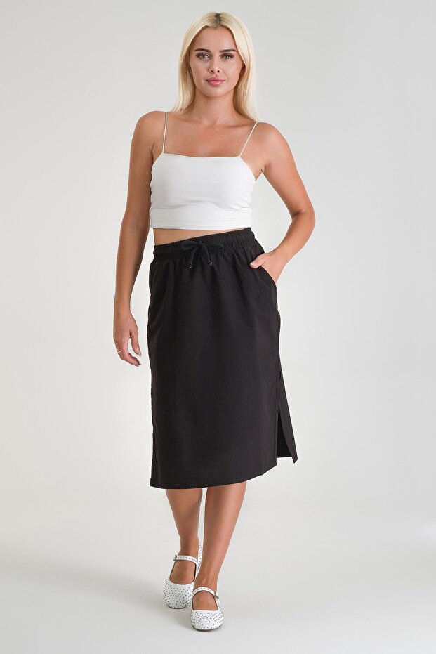 Women's Slit, Drawstring, Pocketed Cotton Woven Fabric Skirt