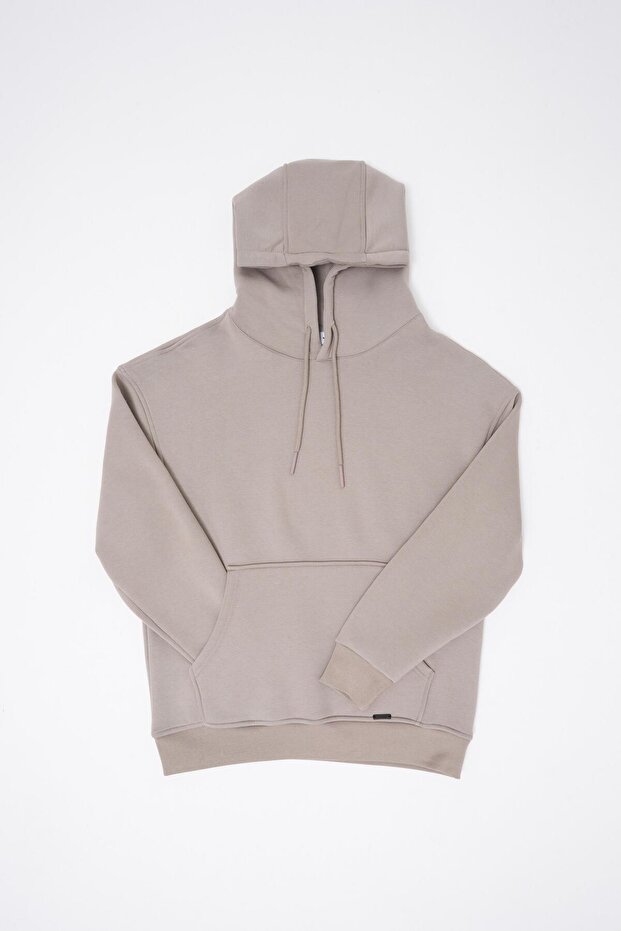 Erkek Oversize Basic Kapüşonlu Sweatshirt Açık Gri - 8