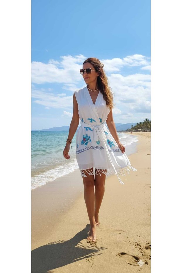 Nevin Acar Kimona Collar Bamboo Printed Pestemal Beach Dress Pareo