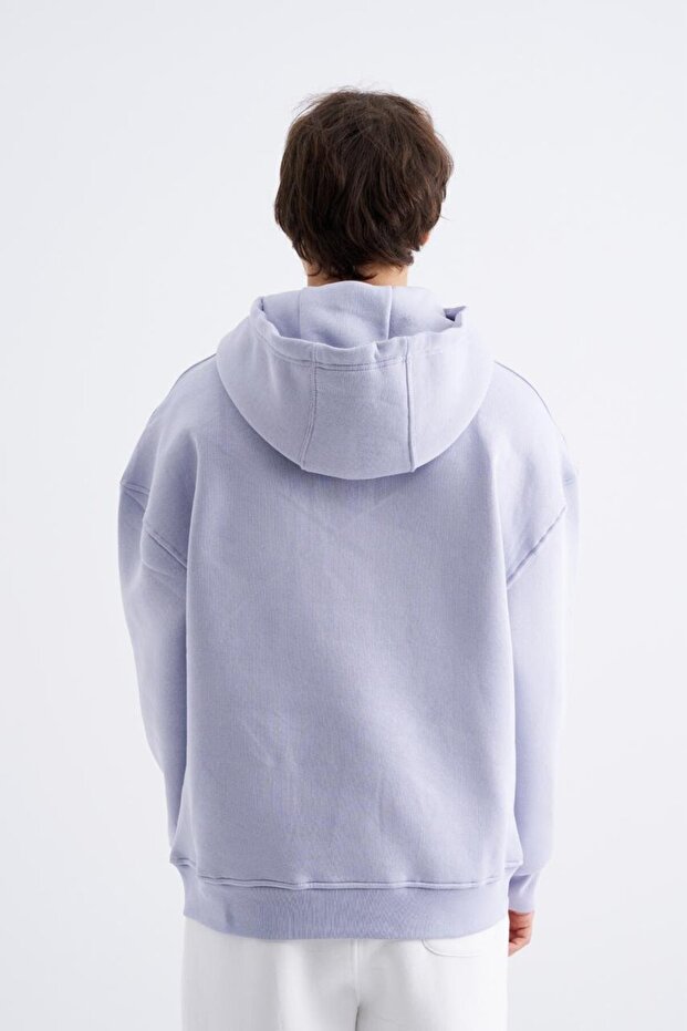 Erkek Oversize Basic Kapüşonlu Sweatshirt Açık Lila - 2