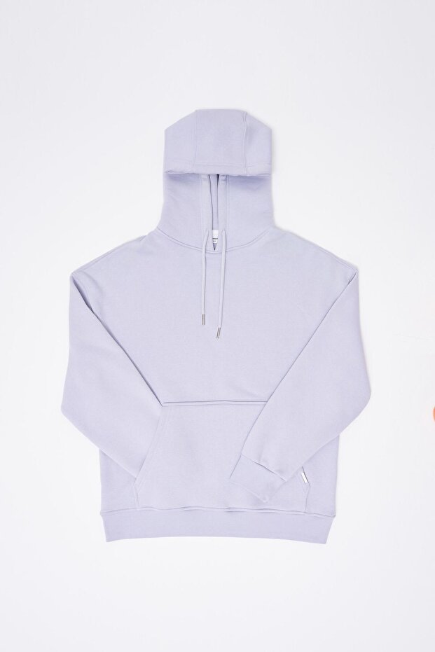 Erkek Oversize Basic Kapüşonlu Sweatshirt Açık Lila - 6
