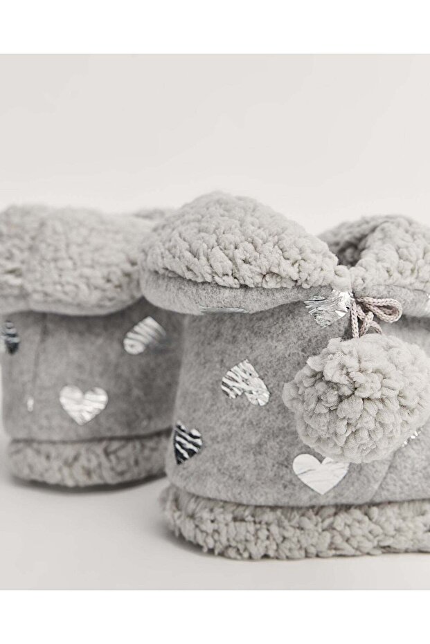 Kadın Parlak Kalp Baskılı Panduf - HENR - 4