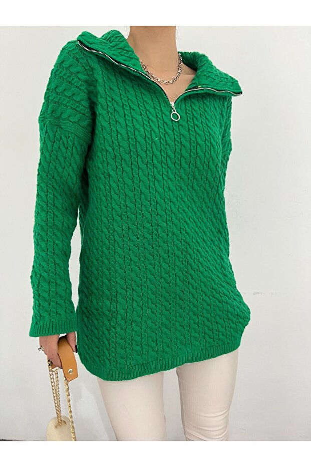 Half Zippered Turtleneck Winter Knitwear Sweater - Emerald