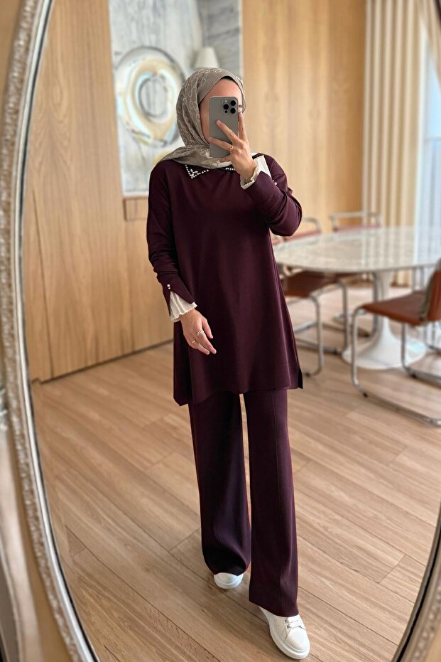 Premium Rayon Set with Tulle Sleeves - Plum