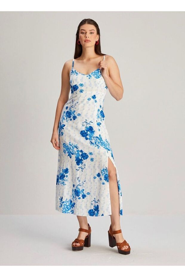 Mavi Askılı Desenli Elbise - 2