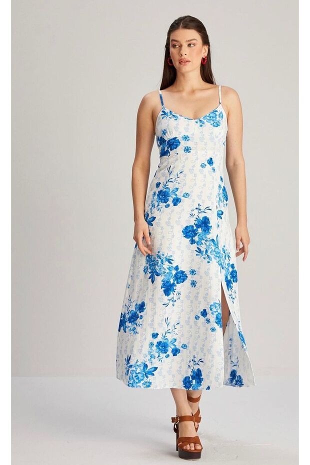 Mavi Askılı Desenli Elbise - 3