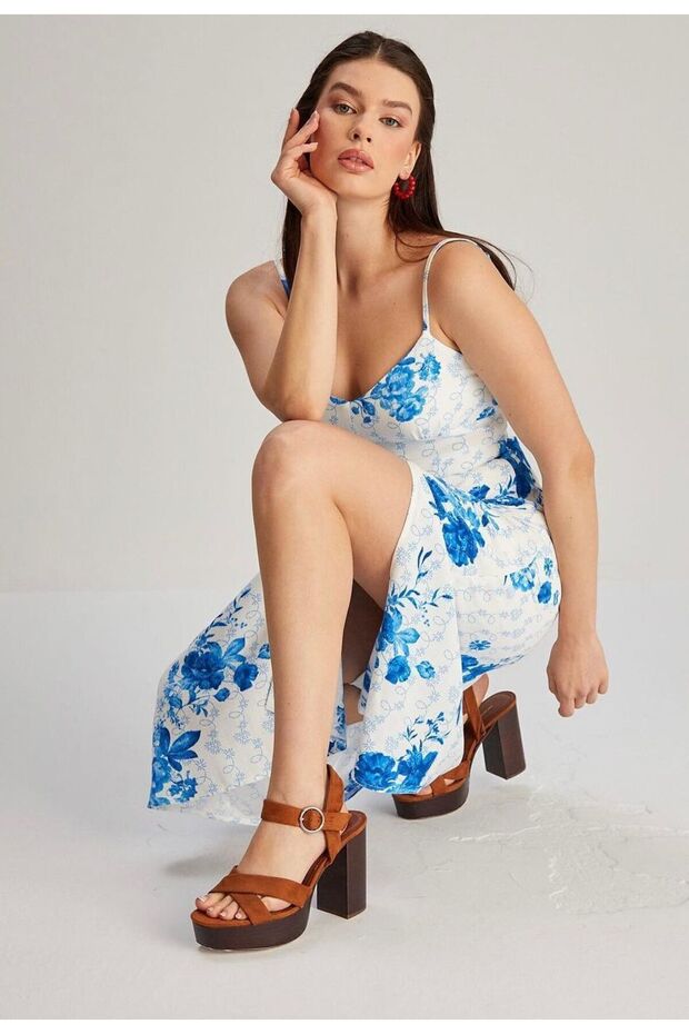 Mavi Askılı Desenli Elbise - 8