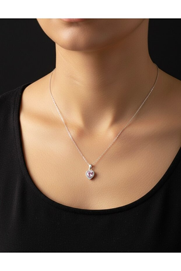 Pembe kalp detaylı Çelik gümüş kolye - 3