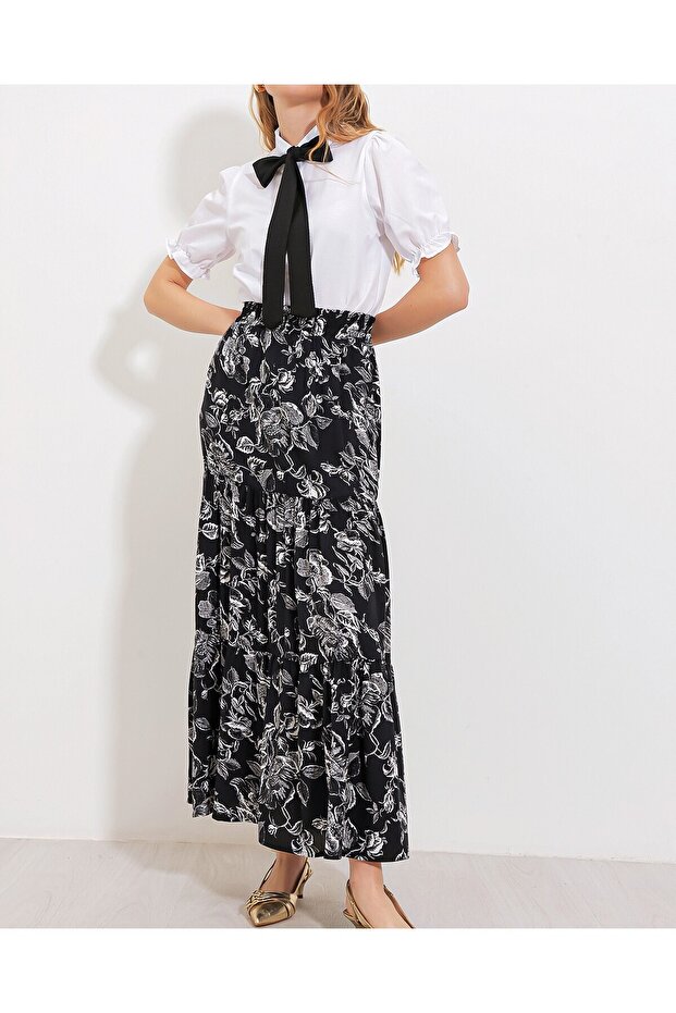 Women's Black Patterned Long Viscose Skirt 1898