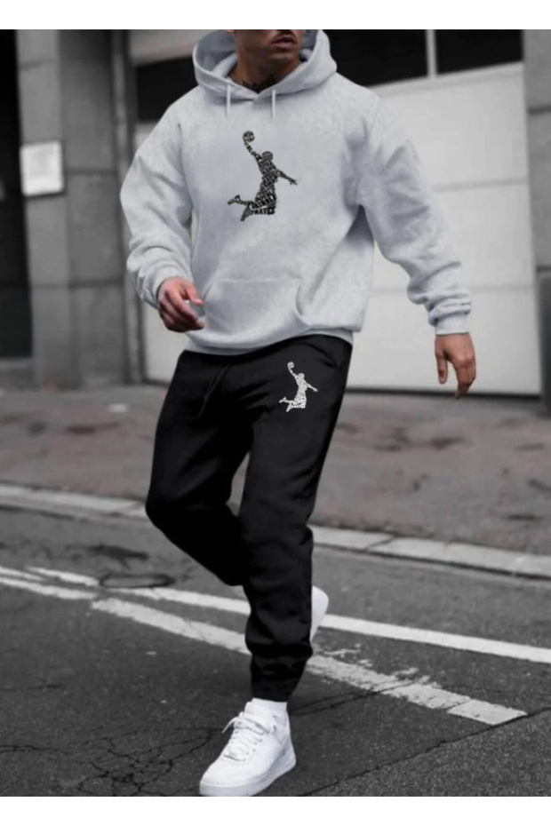 Basketball-Inspired Gray Hooded Sweatshirt Black Tracksuit Set