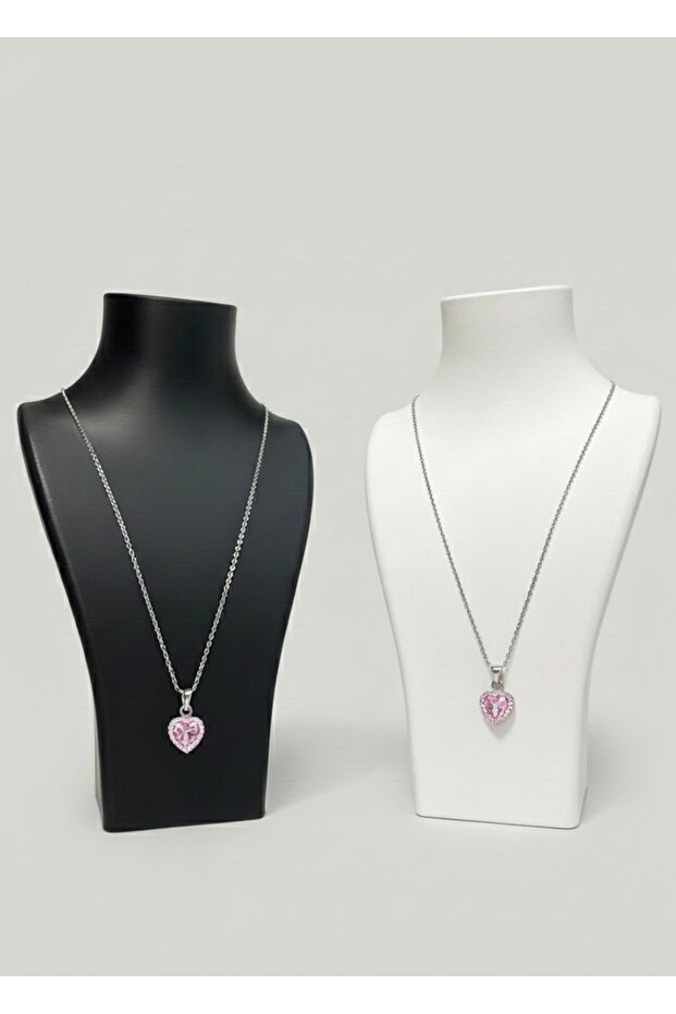Pembe kalp detaylı Çelik gümüş kolye - 2