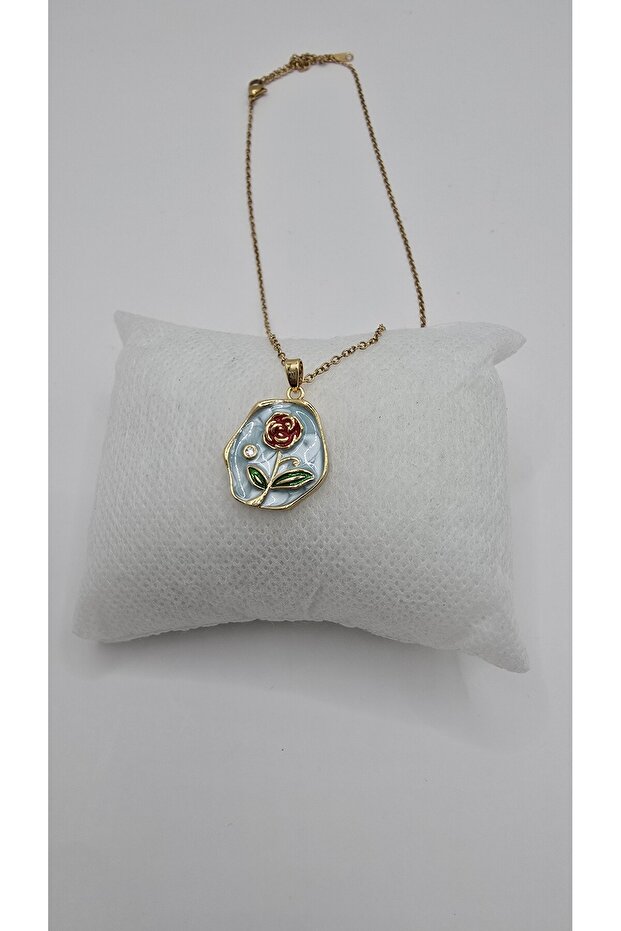 Stainless Steel Gold Color Blue Rose Engraved Portrait Model Necklace