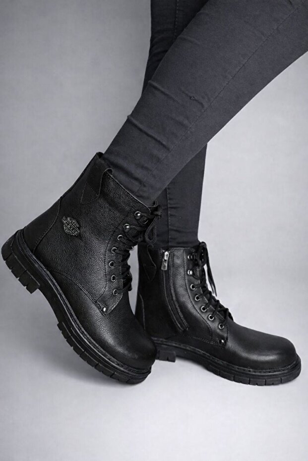 Women's Genuine Leather Lace-Up Side Zipper Thick Sole Winter Boots
