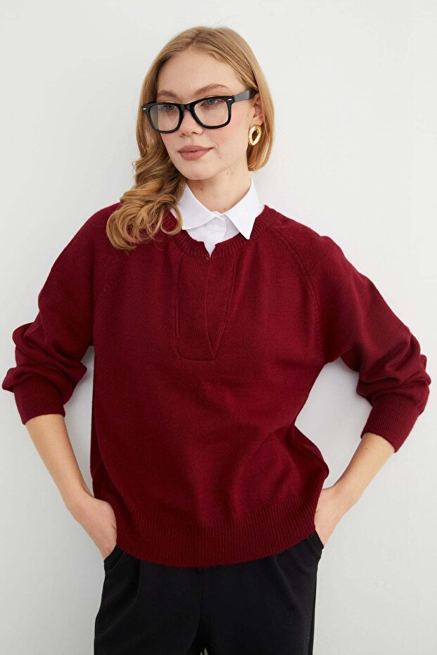 Basic Gömlek Yaka Triko Kazak - 6