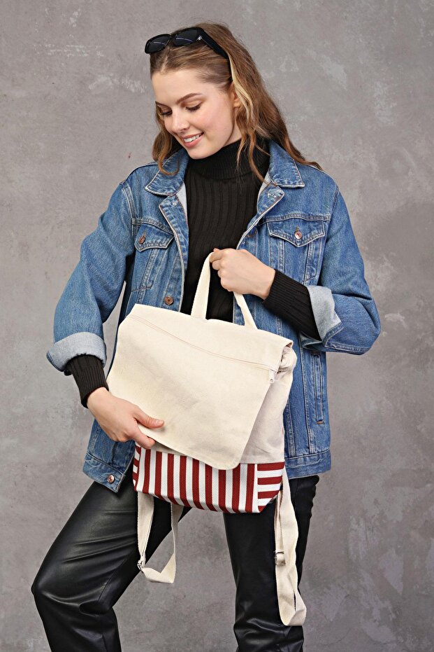 حقيبة ظهر من القماش المنسوج باللون الأحمر - 7