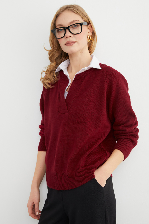 Basic Gömlek Yaka Triko Kazak - 4