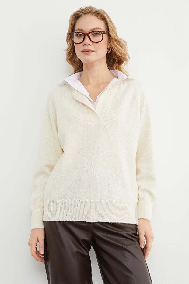 Basic Gömlek Yaka Triko Kazak - 1