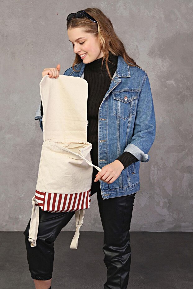 حقيبة ظهر من القماش المنسوج باللون الأحمر - 8