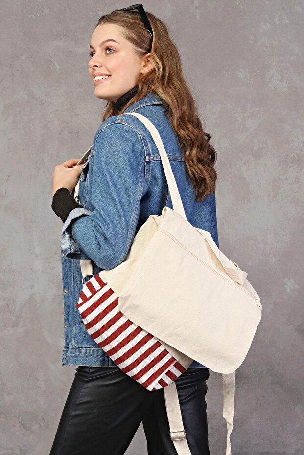 حقيبة ظهر من القماش المنسوج باللون الأحمر - 2