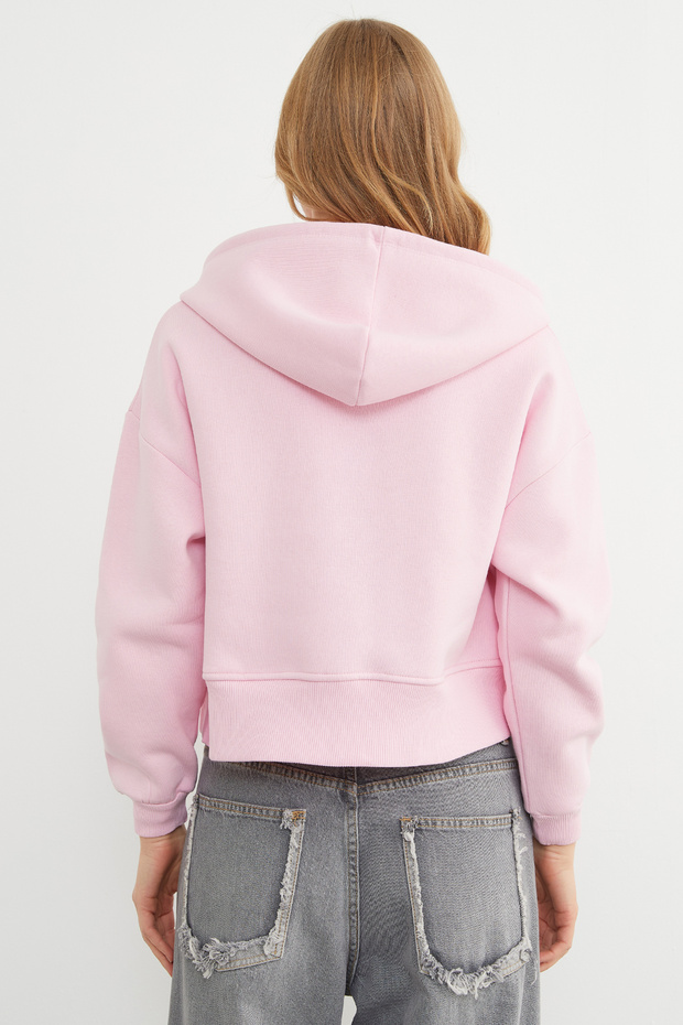 Basic Fermuarlı Kapüşonlu Crop Sweatshirt - 8