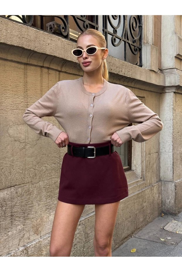 Women's Burgundy Belted Shorts Skirt