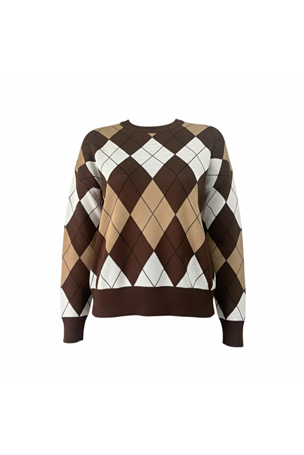 Women's Crew Neck Diamond Patterned Knitwear Sweater