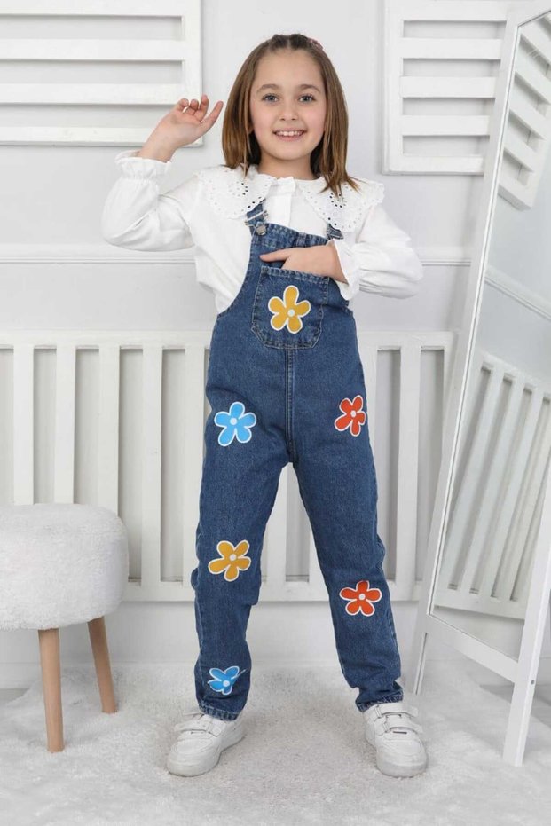 Girl's Slopet Children's Denim Overalls Floral Patterned Blue Slopet