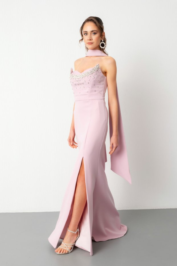 Women's Powder Color Slim Fit Long Fishtail Evening Dress with Scarf and Stone on the Bust