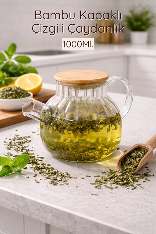 Striped Borosilicate Glass Teapot with Bamboo Lid 1000 Ml.