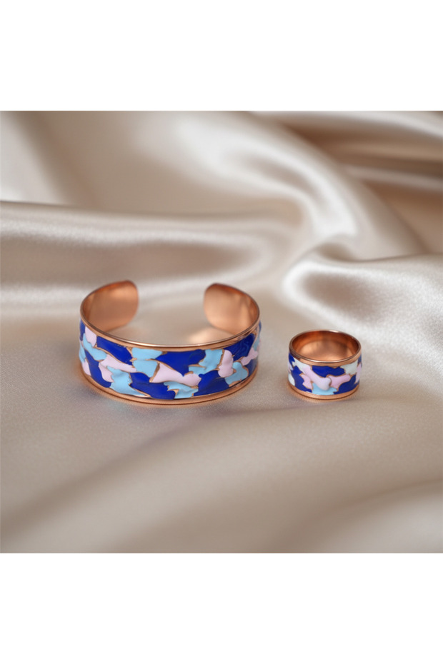 طقم سوار وخاتم من النحاس الأزرق - أزرق - 4