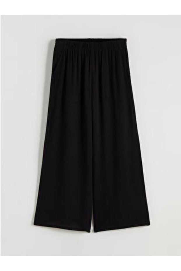 M1 Season Black Wide Leg Women's Trousers with Elastic Waist