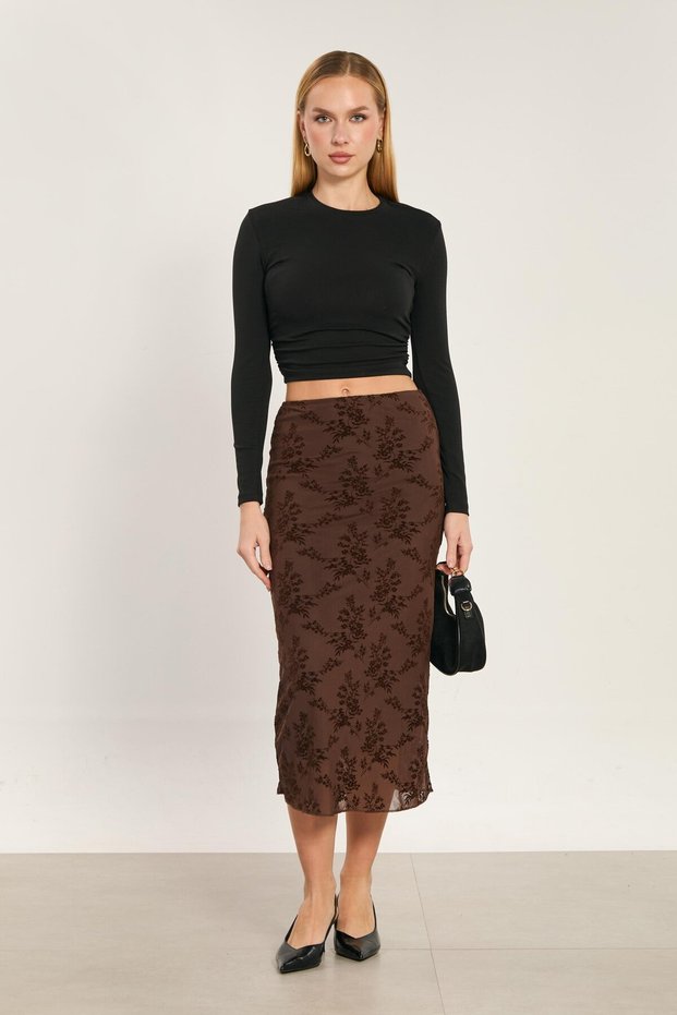 Women's Velvet Floral Patterned Pencil Skirt - Brown