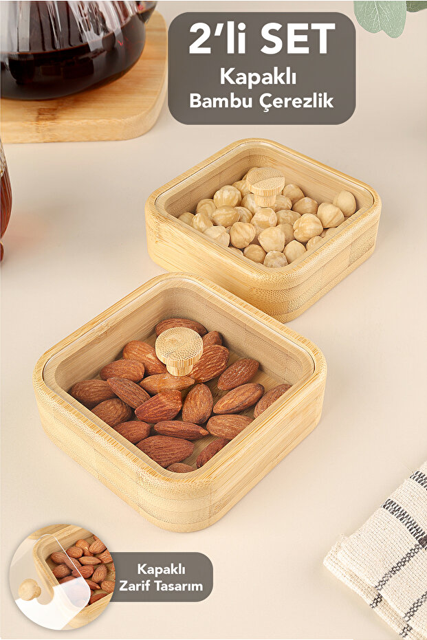 Set of 2 Bamboo Snack Bowls with Lids - Coffee Side Serving Bowl Presentation Bowl Breakfast Bamboo Bowl