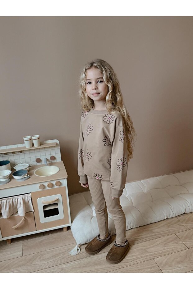 Girl's Cotton Sweatshirt Leggings Two-Piece Set Beige