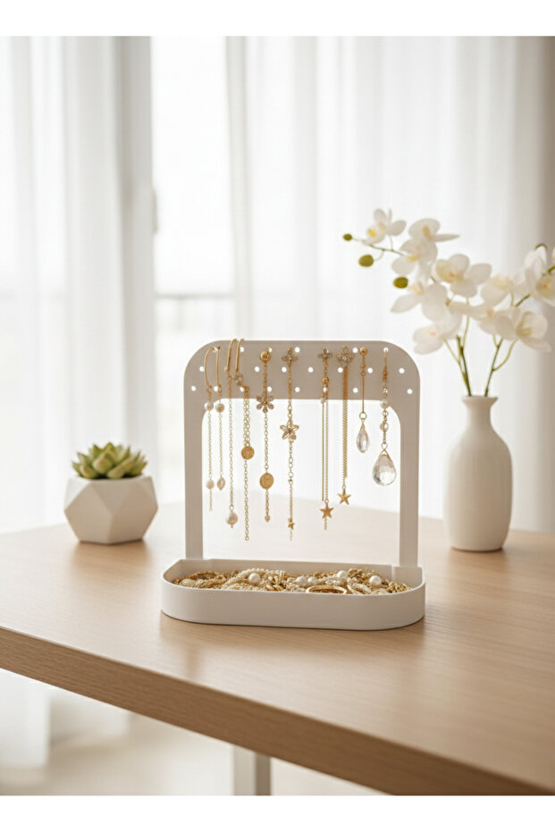 Minimalist White Jewelry Stand and Earring Organizer – Aesthetic Desktop Organizer