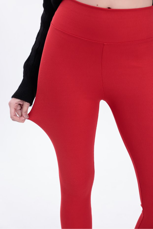 Women's Red High Waist Corded Fabric Inner Non-Show t Shaping / Sculpting Sports Leggings