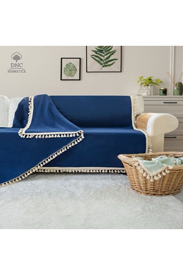 Premium Linen Navy Blue Raw Pompom Sofa Cover (170X220)