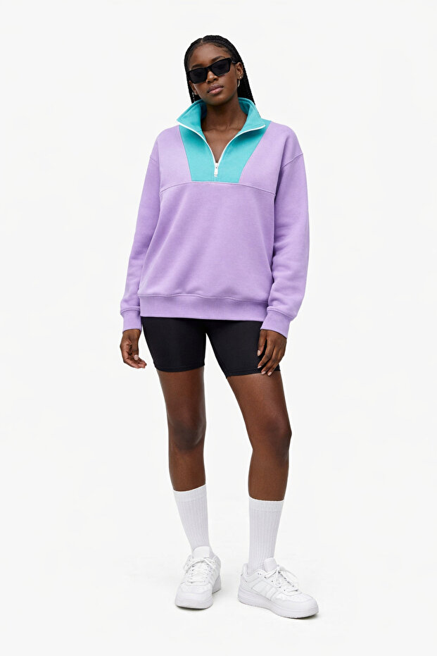 Lilac Colored Unisex Thick Fleece Inside Half Zipper O Oversized Sweatshirt