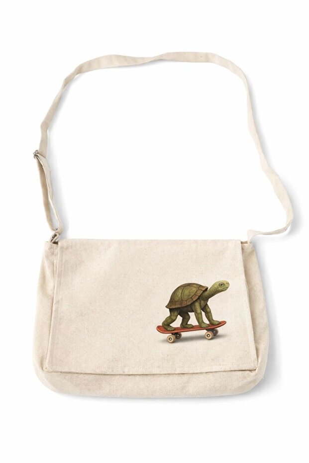 Skateboarding Turtle Printed Cloth Messenger Bag – Unisex Teenage Daily Canvas Bag