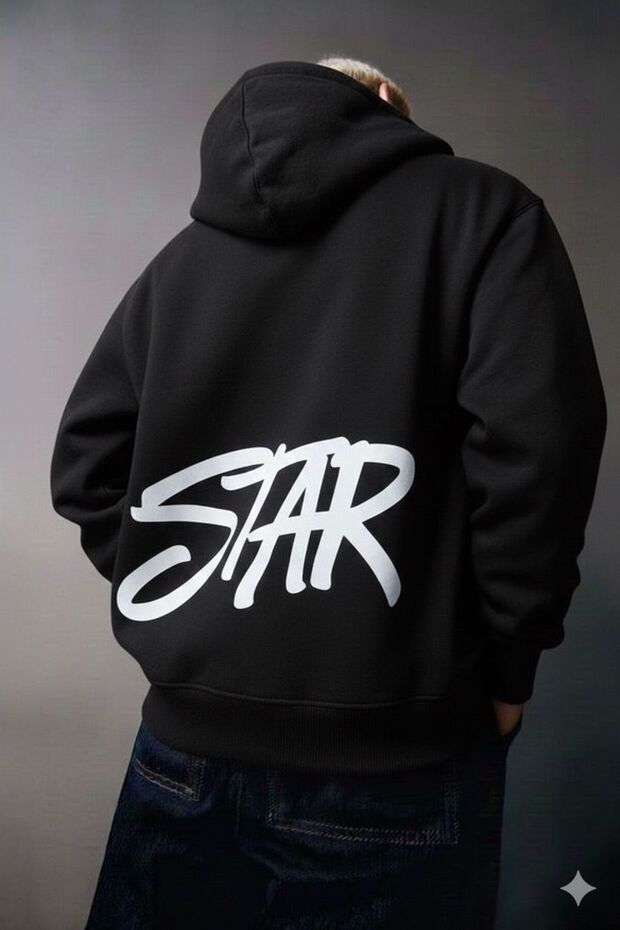 Vurgulu Star Printed Unisex Oversized Hooded Sweatshirt