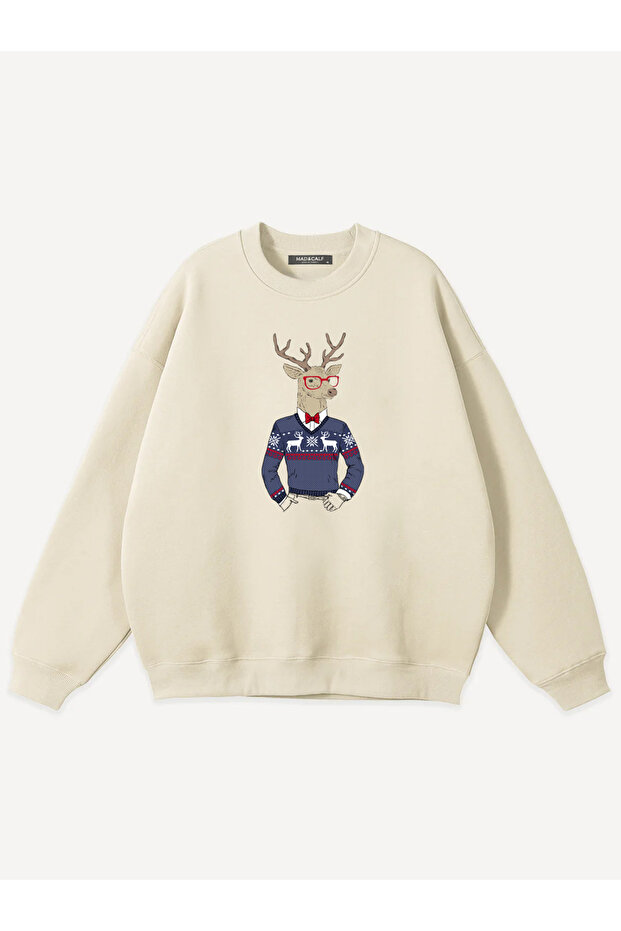 سويت شيرت للجنسين من Deer Guy مطبوع برقبة دائرية قصة فضفاضة
