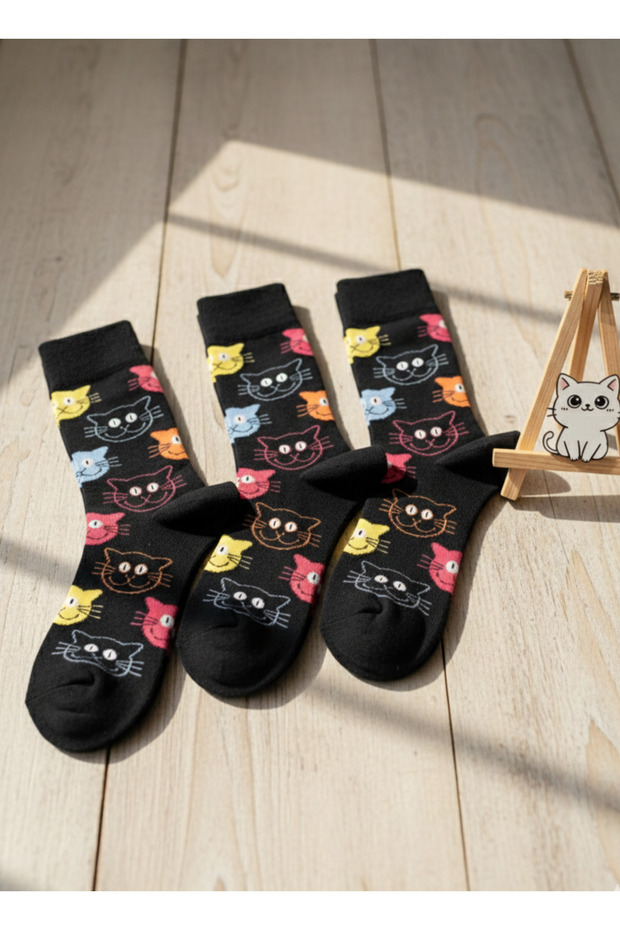 Cat Patterned 3-Piece Sock Set with Colorful Figures