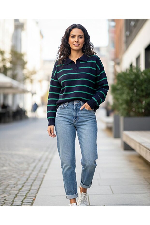 Şardonlu Triko Pola Yaka Blüz - 1