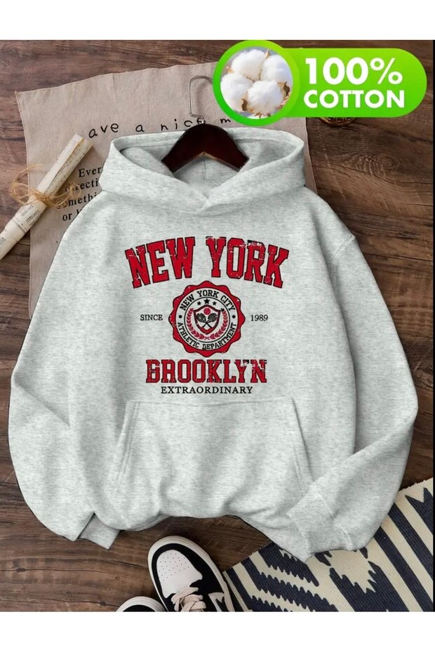 Newyork Brooklyn Printed Hooded Fleece-Lined Unisex Plain Swetshirt